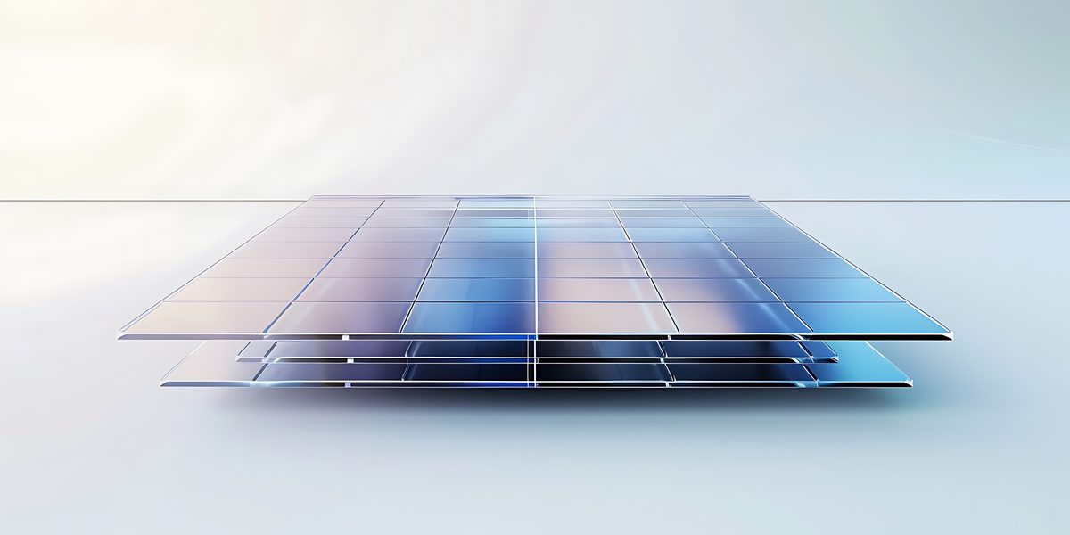 Illustration of see-through glass solar panels with light passing between the cells