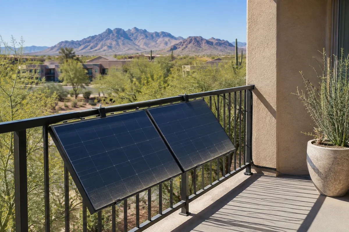 Illustration of two solar panels clamped to a black metal balcony railing with desert mountains and palo verde trees behind