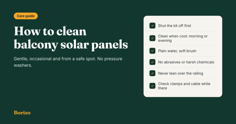How to clean balcony solar panels Gentle, occasional and from a safe spot. No pressure washers.