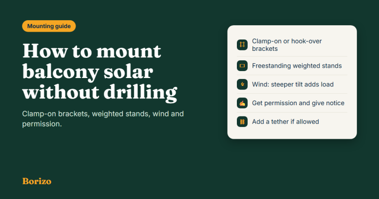 How to mount balcony solar without drilling: clamp-on railing brackets, weighted stands and approved hanging systems, with notes on wind load and landlord permission