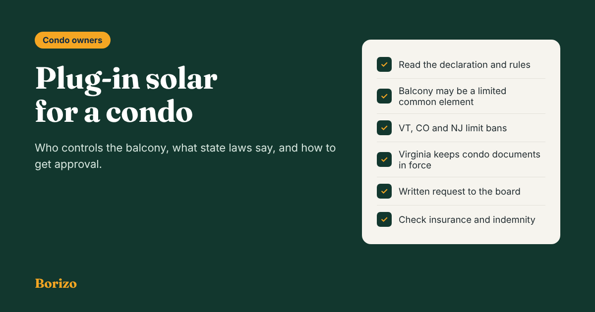Plug-in solar for a condo Who controls the balcony, what state laws say, and how to get approval.