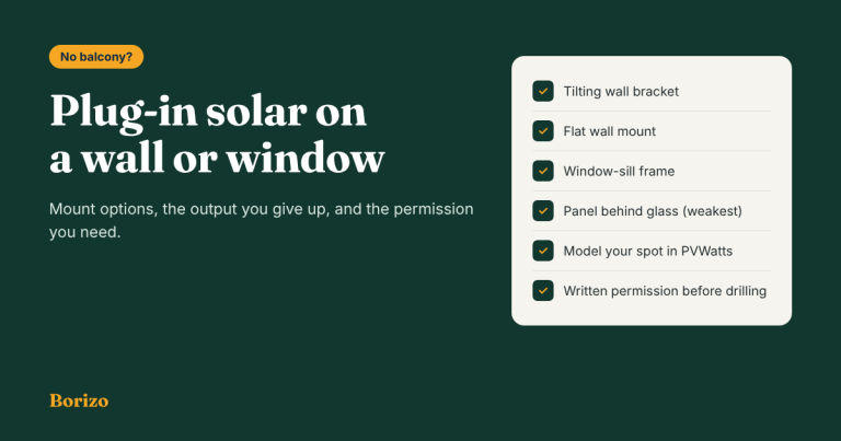 Plug-in solar on a wall or window Mount options, the output you give up, and the permission you need.